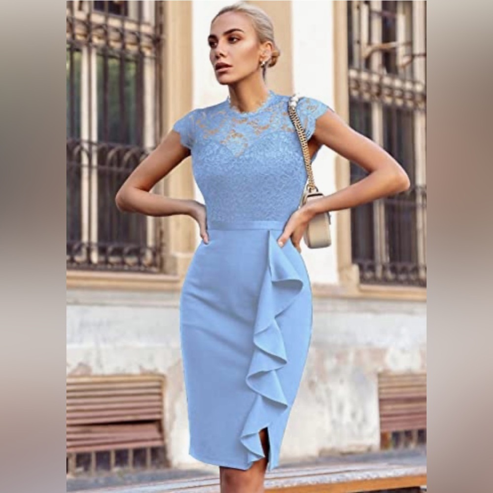 Miusol Light Blue Lace-Top Ruffled Midi Dress